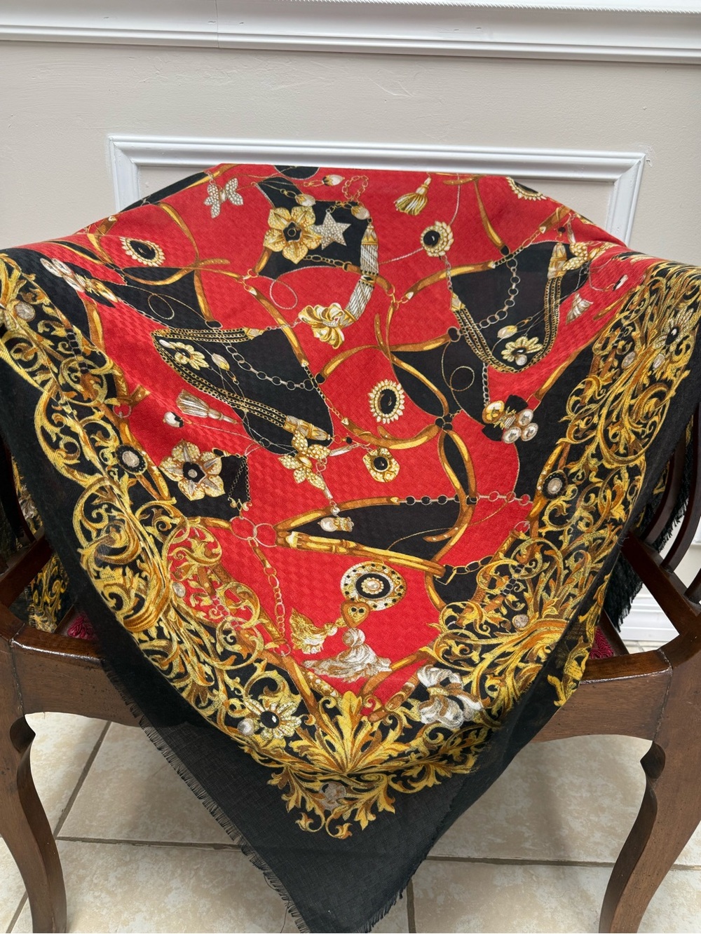 Gold-Accent Red & Black Decorative Scarf Wrap